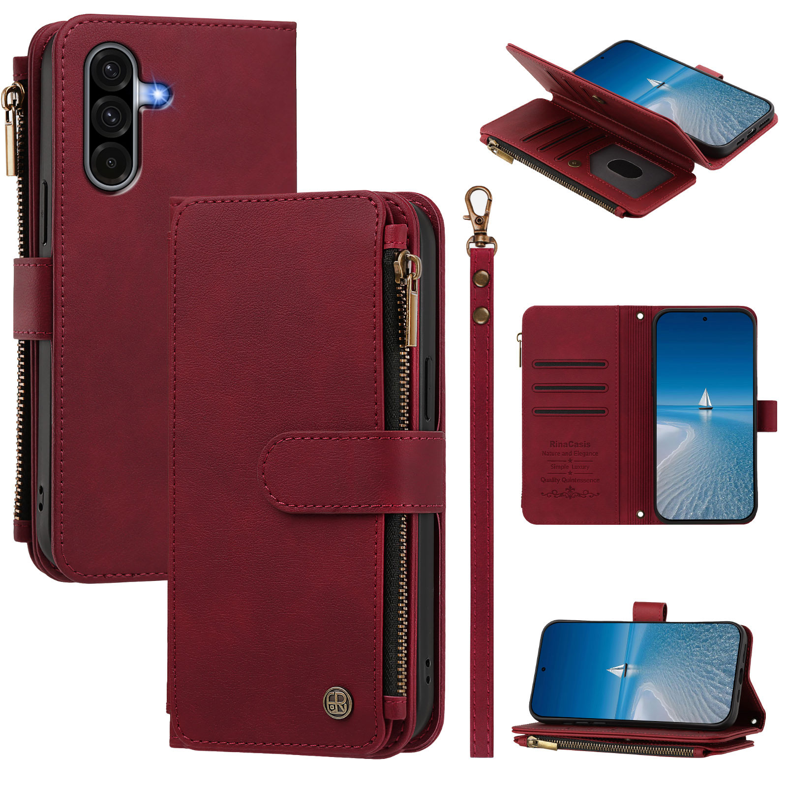 For Samsung Galaxy A18 5G / Galaxy A17 5G / Galaxy A17 4G / Galaxy A26 5G / Galaxy A18 4G Leather Case 9 Card Slots Zipper Wallet Stand Phone Cover with Wrist Strap - Wine Red