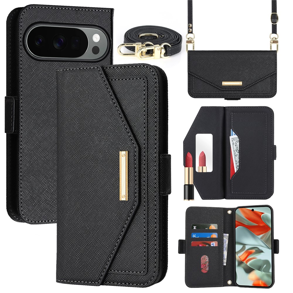 For Google Pixel 10 Pro XL Stand Case Cross Texture PU Leather Wallet Phone Cover with Shoulder Strap / Makeup Mirror - Black