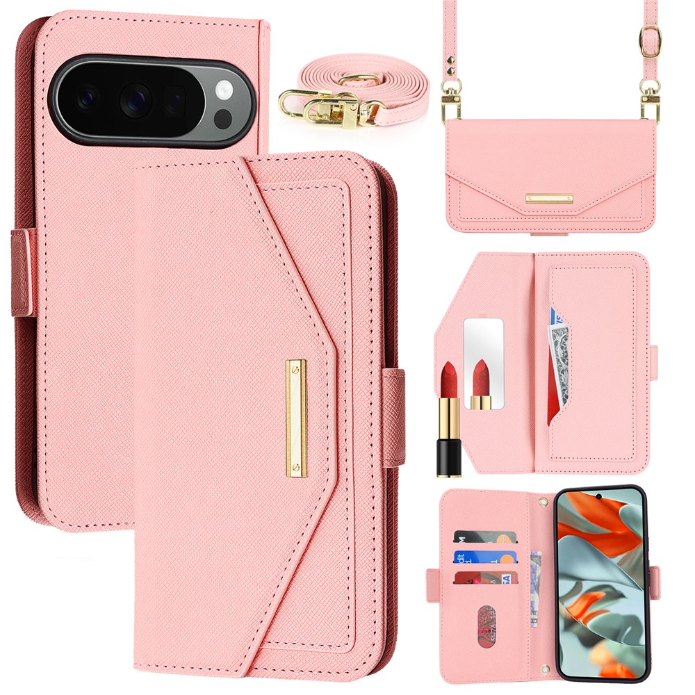 For Google Pixel 10 Pro XL Stand Case Cross Texture PU Leather Wallet Phone Cover with Shoulder Strap / Makeup Mirror - Rose Gold