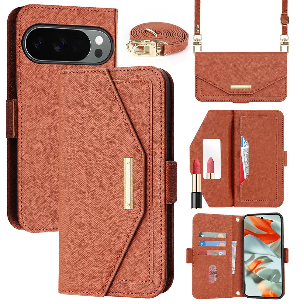 For Google Pixel 10 Pro XL Stand Case Cross Texture PU Leather Wallet Phone Cover with Shoulder Strap / Makeup Mirror - Brown