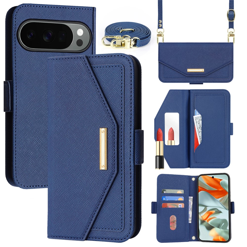 For Google Pixel 10 Pro XL Stand Case Cross Texture PU Leather Wallet Phone Cover with Shoulder Strap / Makeup Mirror - Blue