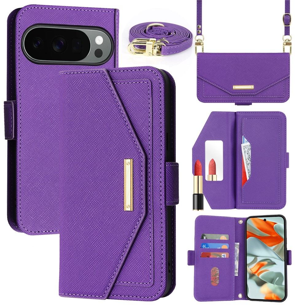 For Google Pixel 10 Pro XL Stand Case Cross Texture PU Leather Wallet Phone Cover with Shoulder Strap / Makeup Mirror - Purple