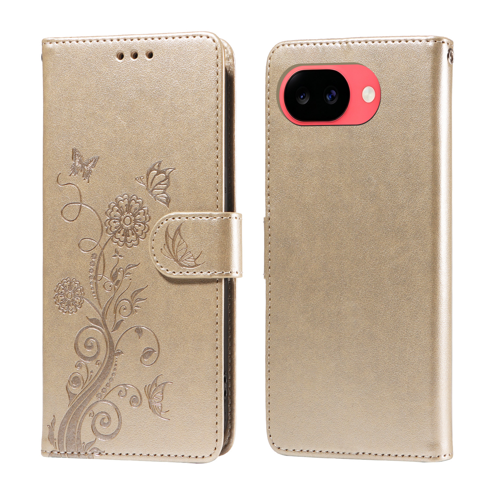 For Google Pixel 11a Leather Case Butterfly Floral Imprint Wallet Stand Cover - Golden