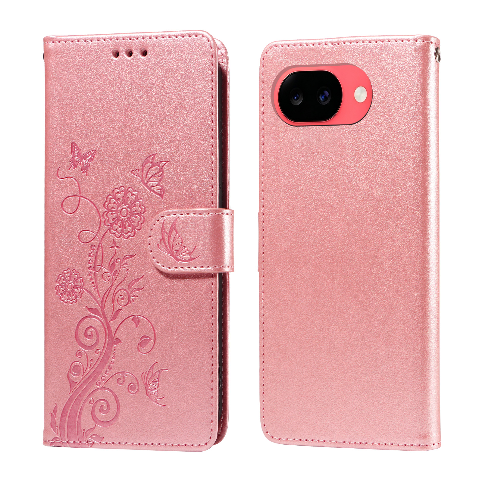For Google Pixel 11a Leather Case Butterfly Floral Imprint Wallet Stand Cover - Pink