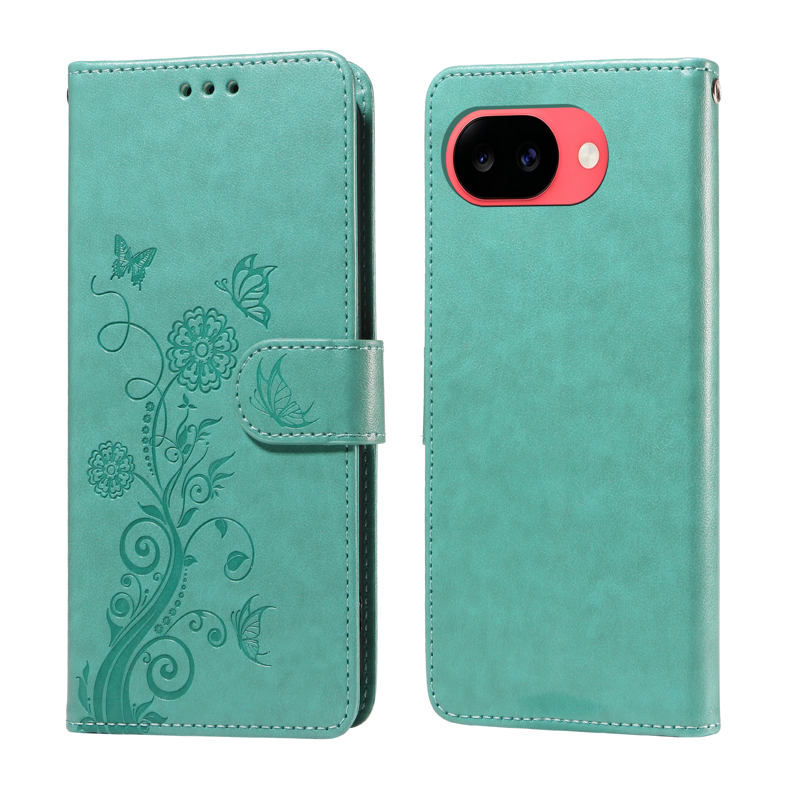 For Google Pixel 11a Leather Case Butterfly Floral Imprint Wallet Stand Cover - Green
