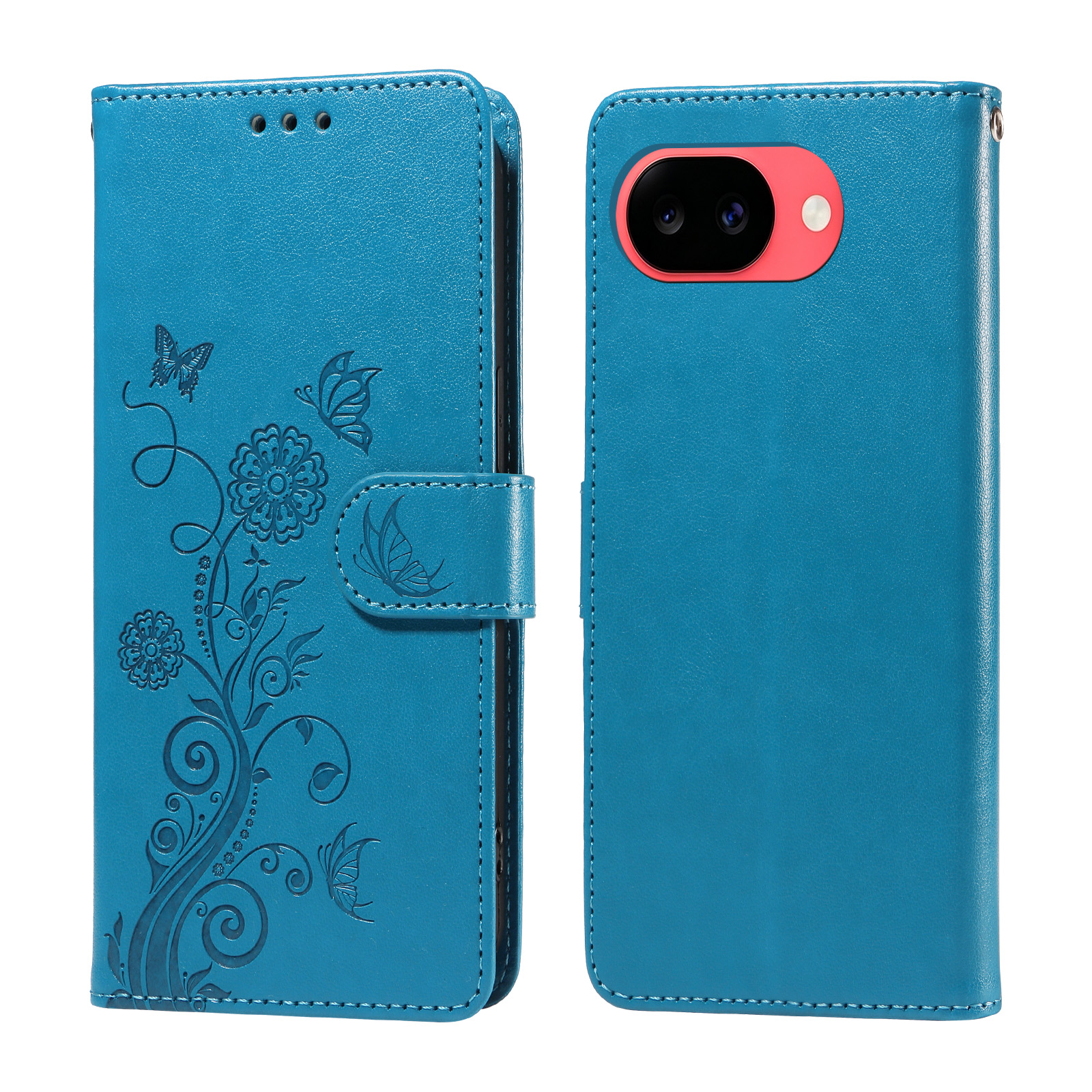 For Google Pixel 11a Leather Case Butterfly Floral Imprint Wallet Stand Cover - Blue