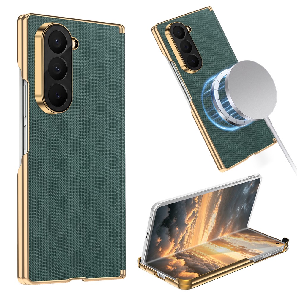 For Samsung Galaxy Z Fold6 5G Magnetic Case Dual-Axis Hinge Protection Grid Pattern Leather + PC Phone Back Cover - Green