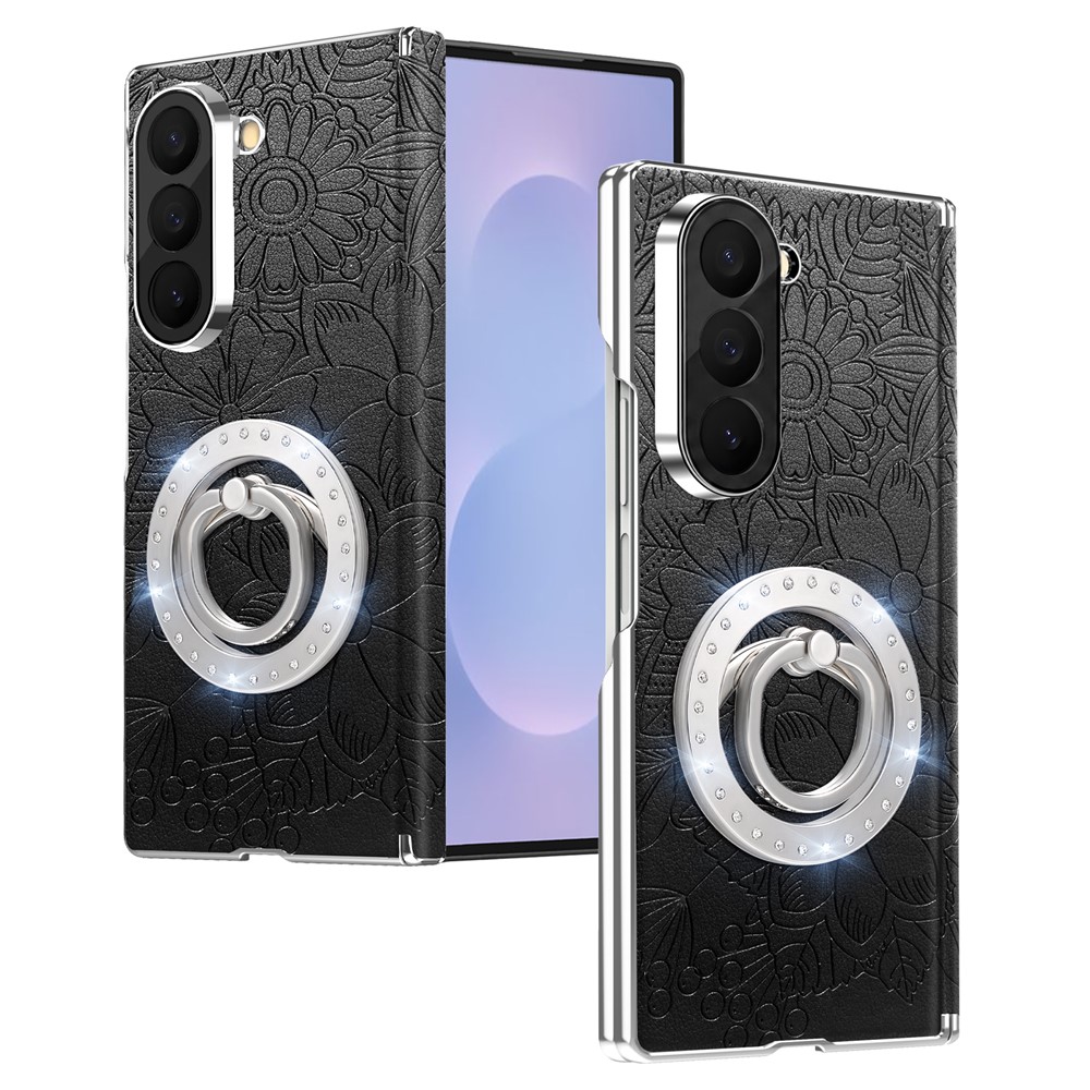 For Samsung Galaxy Z Fold6 5G Case Rhinestone Magnetic Kickstand Floral Pattern Leather Back Cover - Black