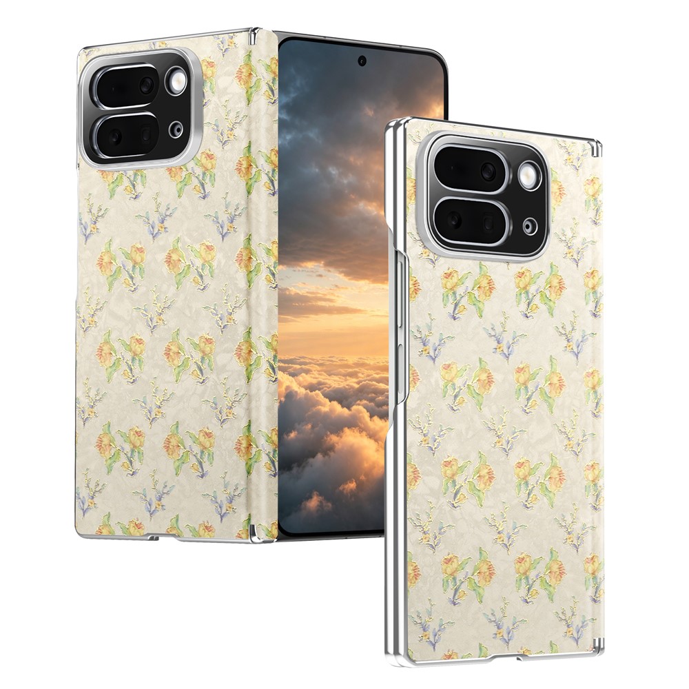 For Google Pixel 10 Pro Fold Magnetic Case Floral Pattern Leather Dual-Axis Hinge Shockproof Phone Cover - Apricot