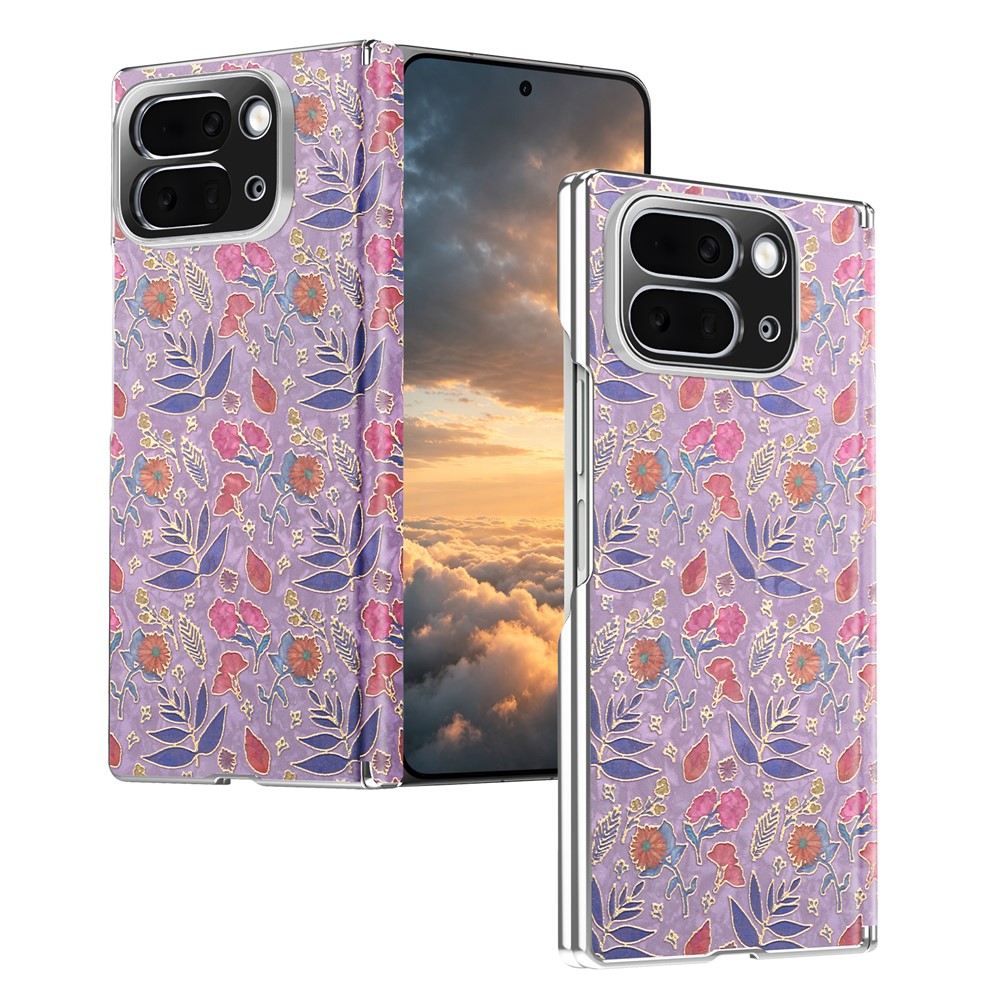 For Google Pixel 10 Pro Fold Magnetic Case Floral Pattern Leather Dual-Axis Hinge Shockproof Phone Cover - Purple