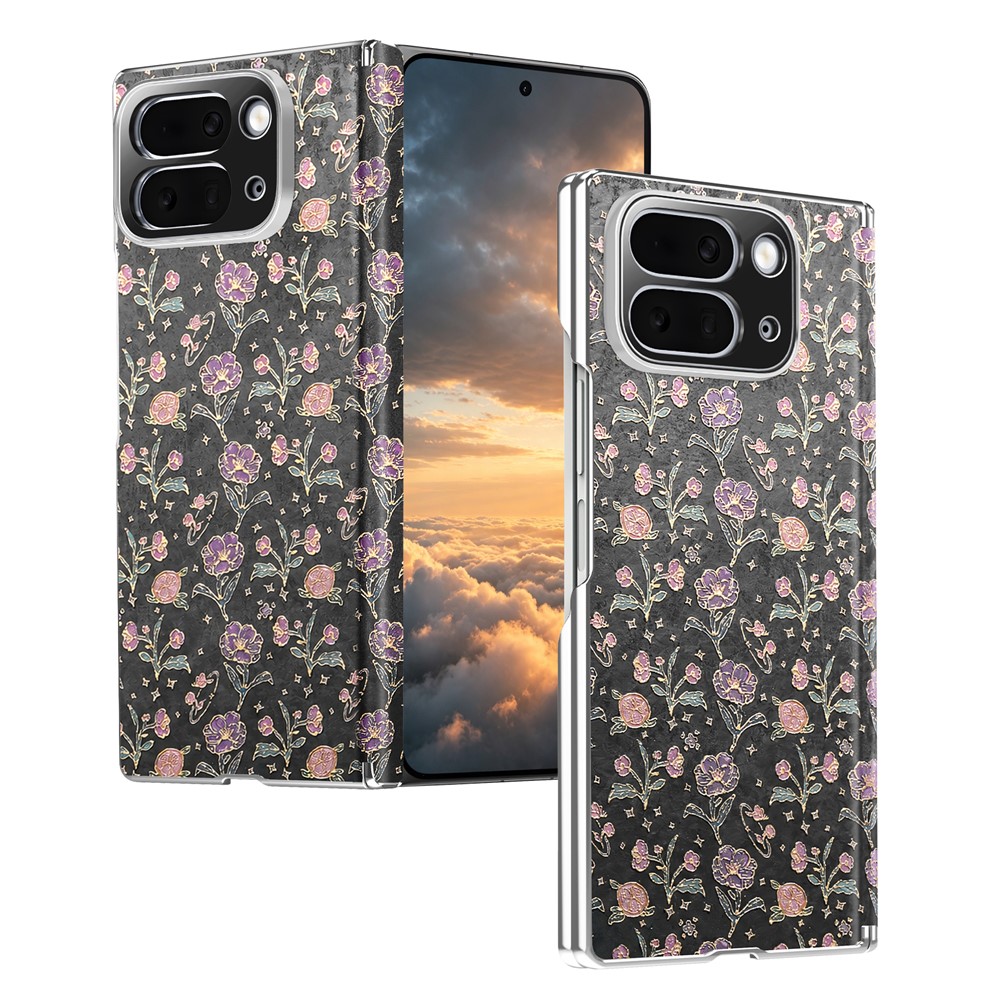 For Google Pixel 10 Pro Fold Magnetic Case Floral Pattern Leather Dual-Axis Hinge Shockproof Phone Cover - Black