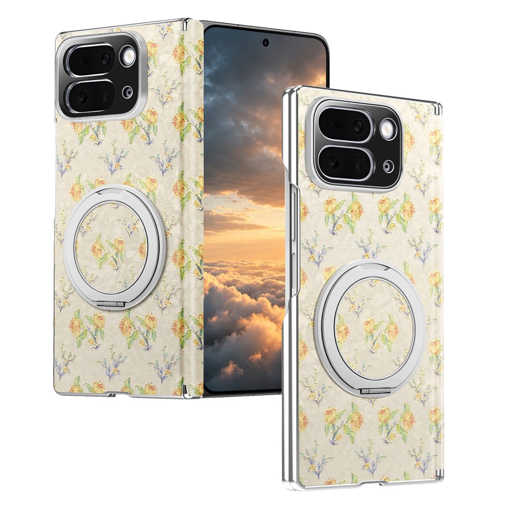 For Google Pixel 10 Pro Fold Case Rotating Kickstand Floral Pattern Leather + PC Protective Cover - Beige
