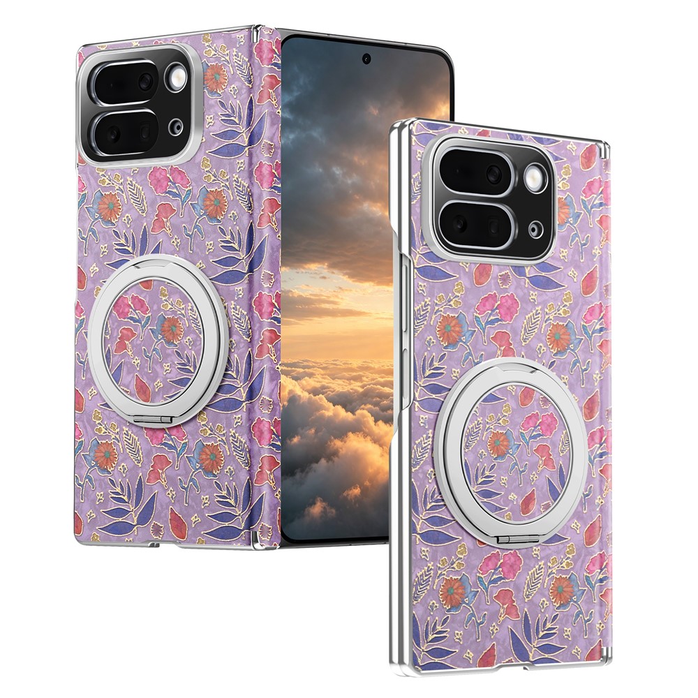 For Google Pixel 10 Pro Fold Case Rotating Kickstand Floral Pattern Leather + PC Protective Cover - Pink Purple