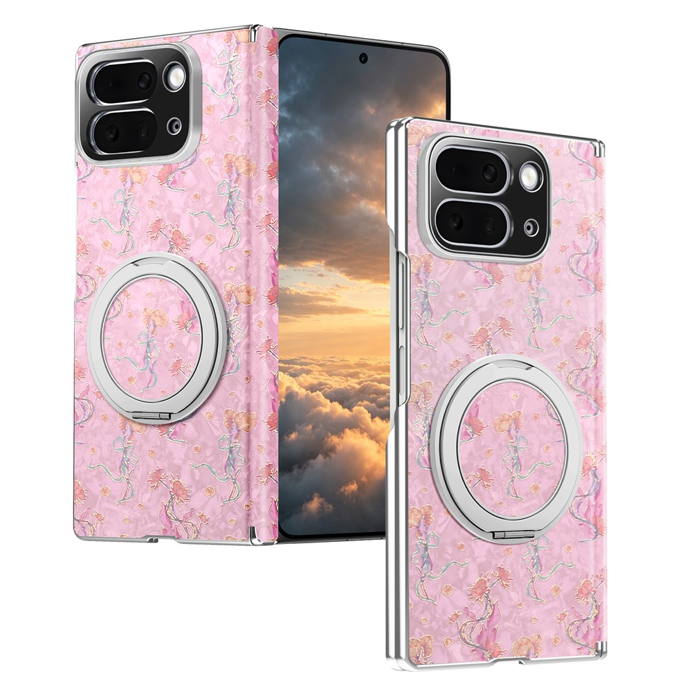 For Google Pixel 10 Pro Fold Case Rotating Kickstand Floral Pattern Leather + PC Protective Cover - Pink