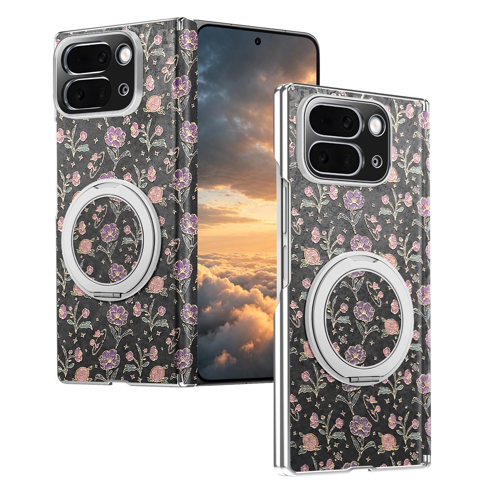 For Google Pixel 10 Pro Fold Case Rotating Kickstand Floral Pattern Leather + PC Protective Cover - Black