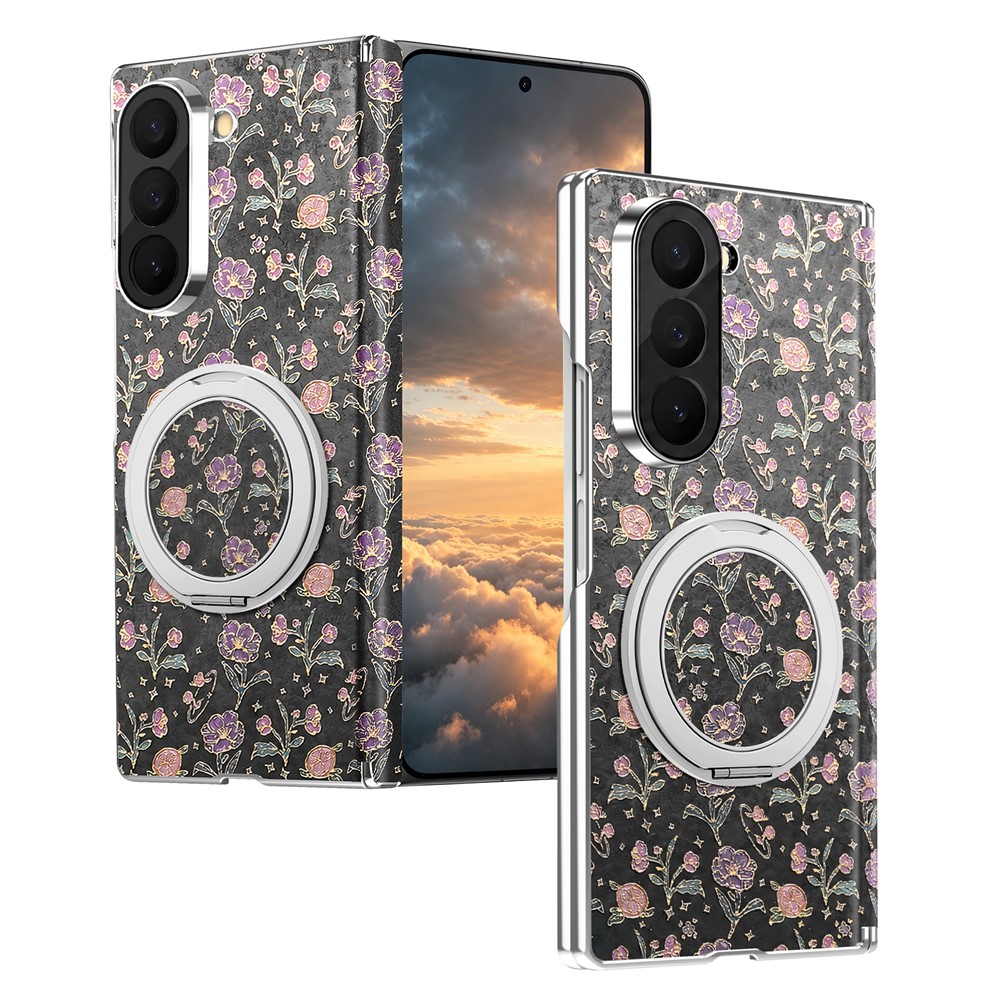 For Samsung Galaxy Z Fold6 5G Case Rotating Kickstand Floral Pattern Leather + PC Protective Cover - Black