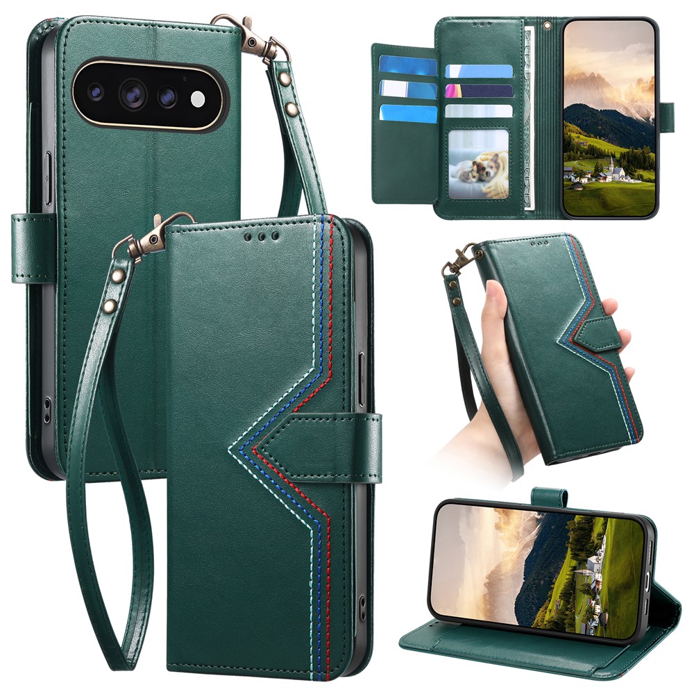 For Google Pixel 11 Pro XL Case Wallet Stand Multi-color Stitching Leather Phone Cover with Wrist Strap - Green