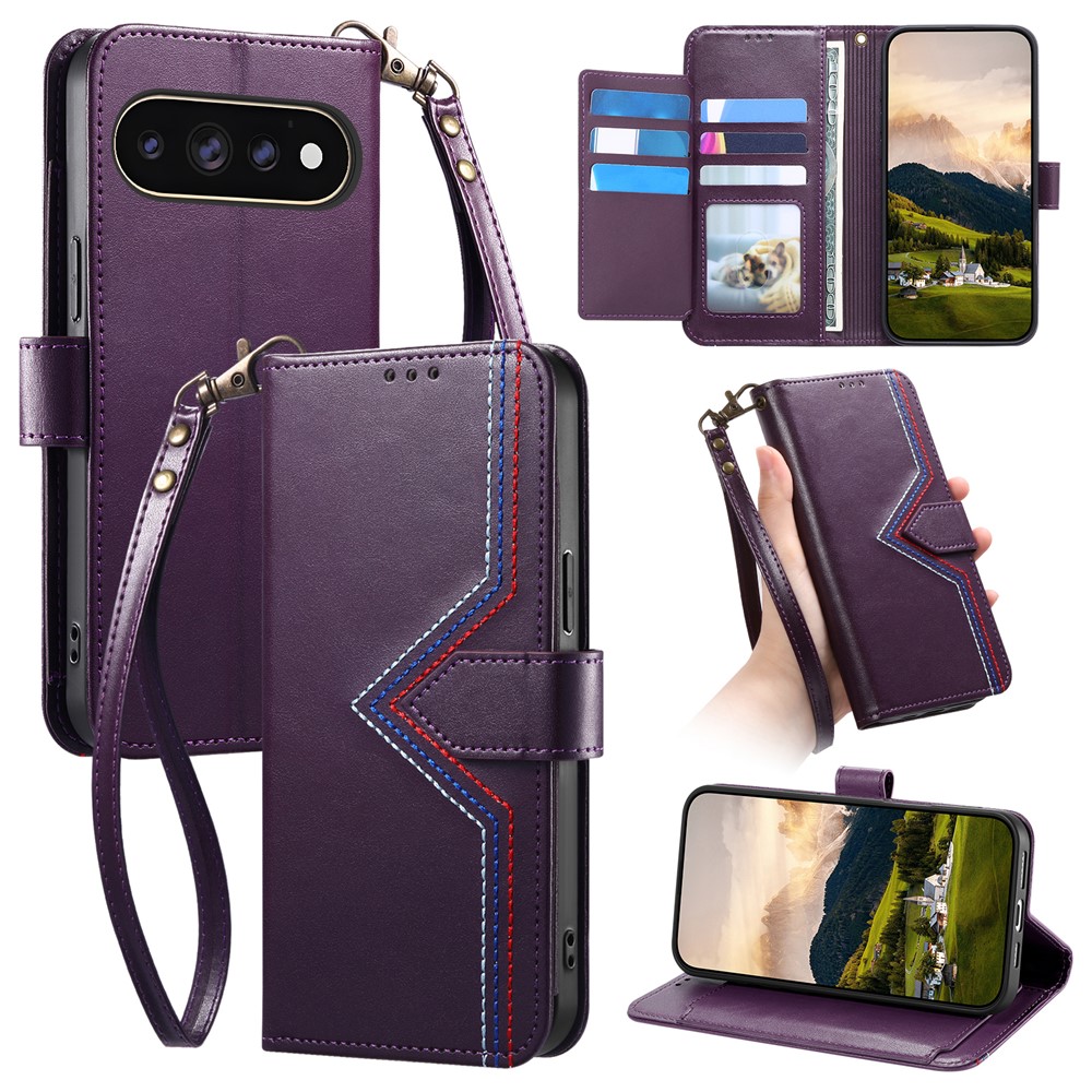 For Google Pixel 11 Pro XL Case Wallet Stand Multi-color Stitching Leather Phone Cover with Wrist Strap - Purple