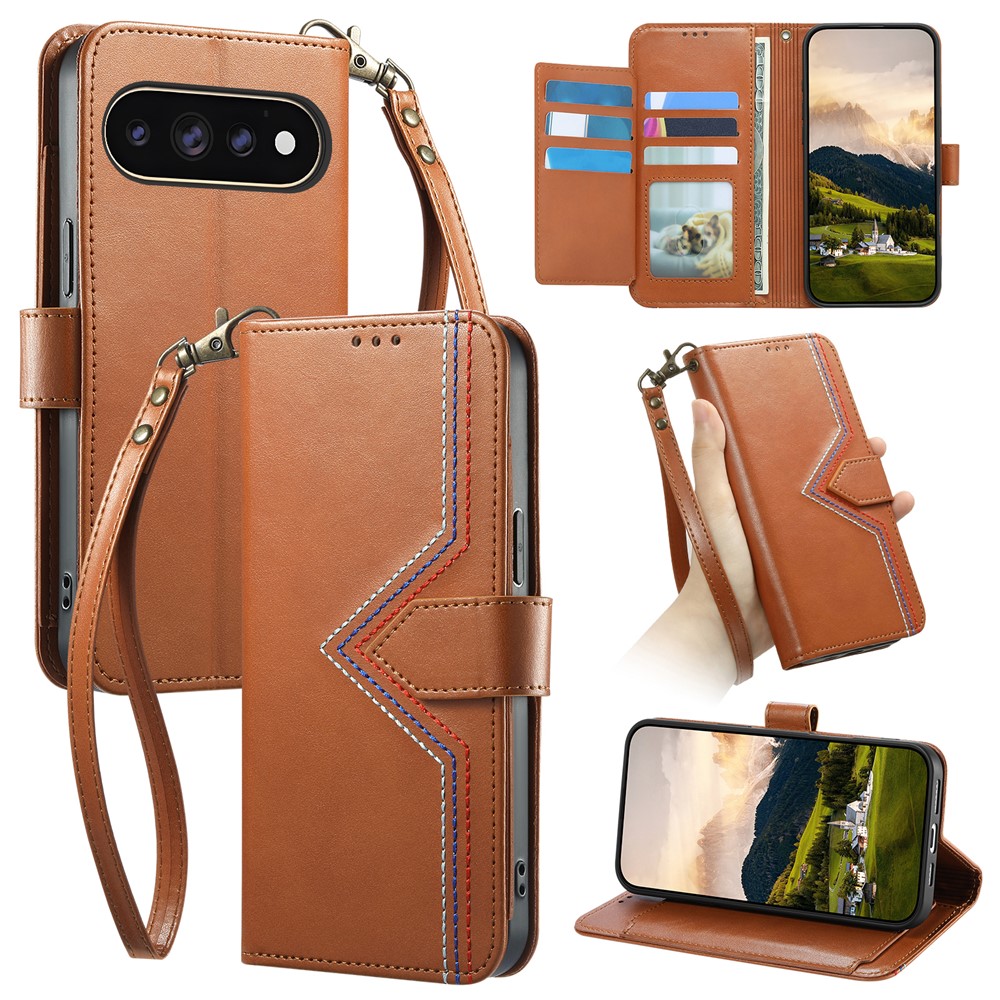 For Google Pixel 11 / Pixel 11 Pro Case Wallet Stand Multi-color Stitching Leather Phone Cover with Wrist Strap - Brown