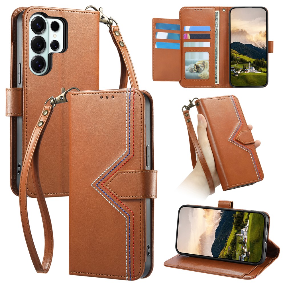 For Samsung Galaxy S25 Ultra Case Wallet Stand Multi-color Stitching Leather Phone Cover with Wrist Strap - Brown