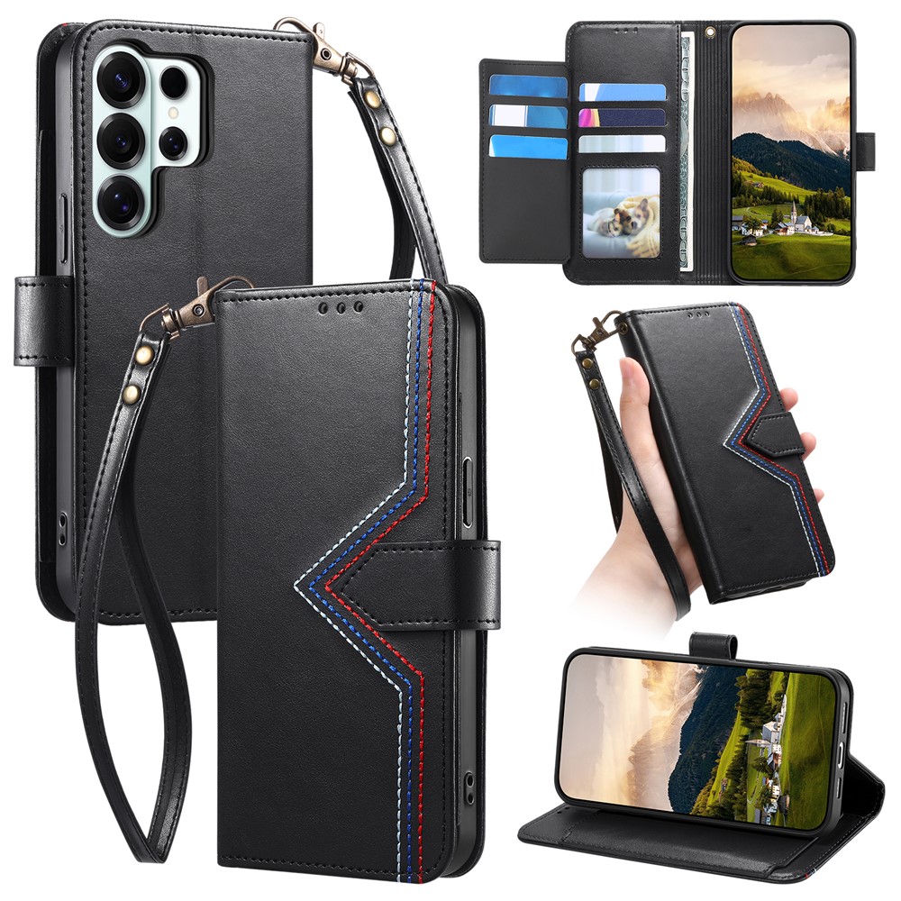 For Samsung Galaxy S24 Ultra Case Wallet Stand Multi-color Stitching Leather Phone Cover with Wrist Strap - Black
