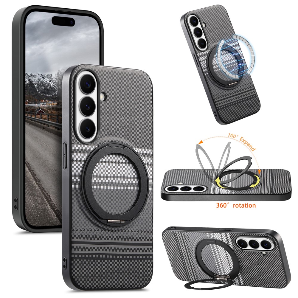 For Samsung Galaxy S25 Magnetic Case Rotation Kickstand PU Leather + PC + TPU Phone Cover - Black