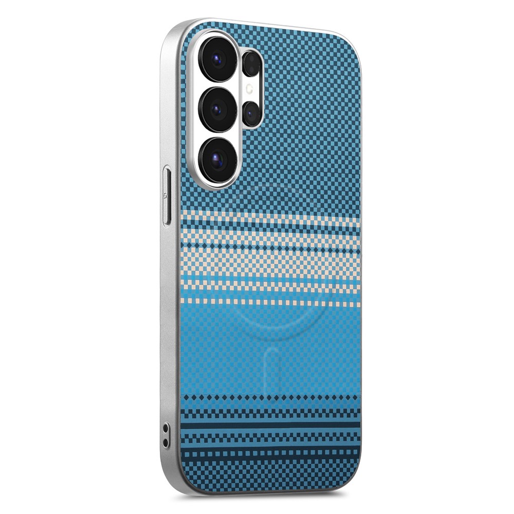 For Samsung Galaxy S25 Ultra Magnetic Case Starry Grey Frame Woven Texture PU Leather TPU PC Shockproof Phone Cover - Blue