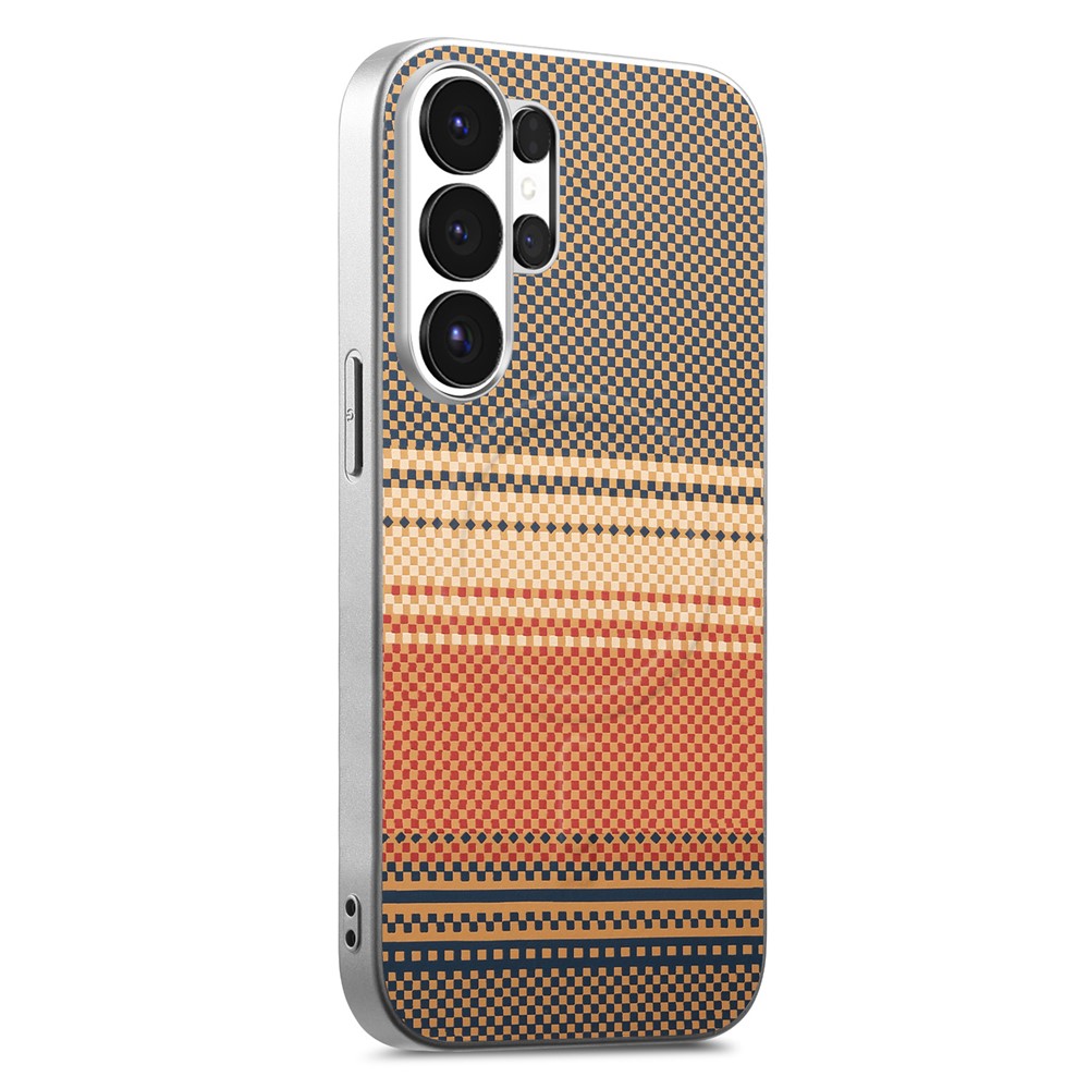 For Samsung Galaxy S24 Ultra Magnetic Case Starry Grey Frame Woven Texture PU Leather TPU PC Shockproof Phone Cover - Brown