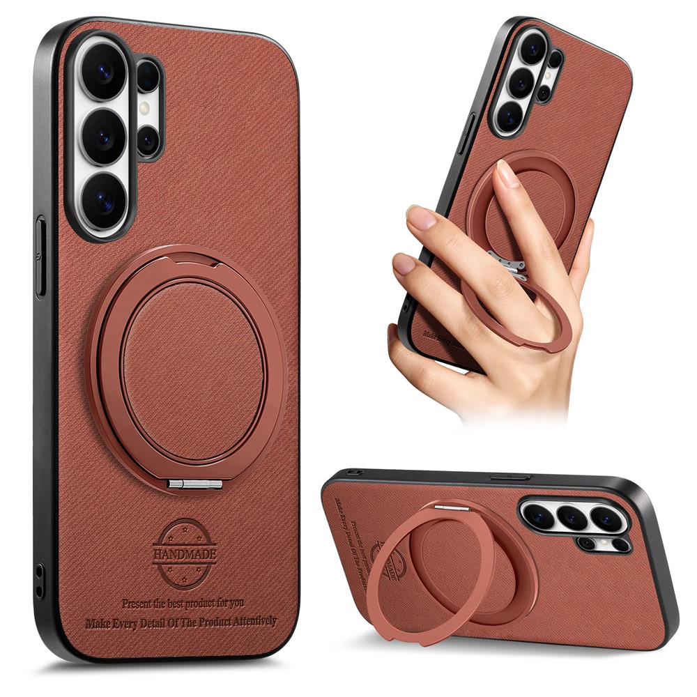 For Samsung Galaxy S25 Ultra Case Rotatable Kickstand Jeans Cloth Texture Leather Anti-Fall Phone Back Cover - Brown