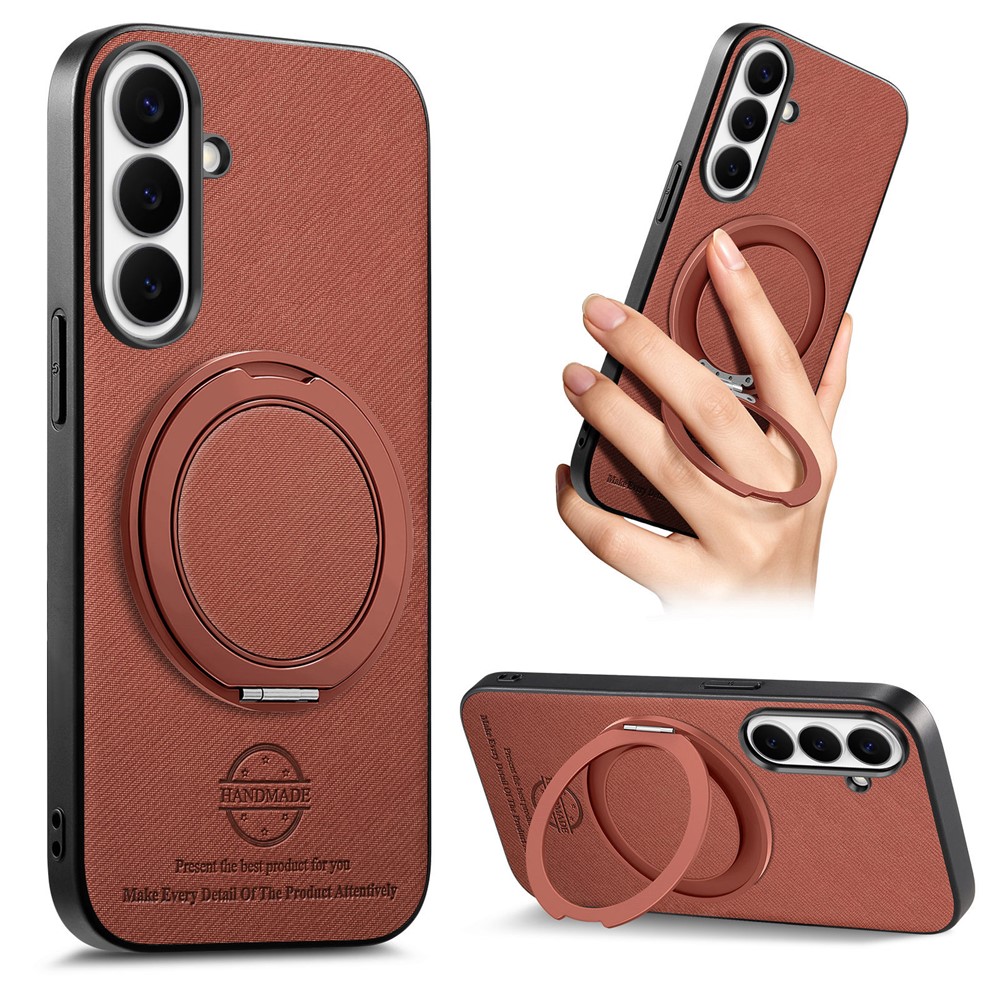For Samsung Galaxy S25+ Case Rotatable Kickstand Jeans Cloth Texture Leather Anti-Fall Phone Back Cover - Brown