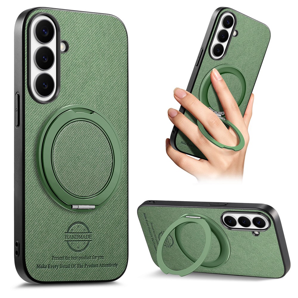 For Samsung Galaxy S25 Case Rotatable Kickstand Jeans Cloth Texture Leather Anti-Fall Phone Back Cover - Green