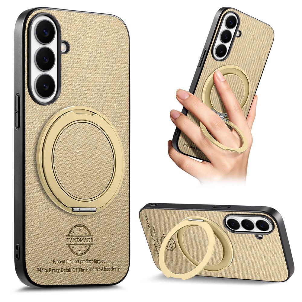 For Samsung Galaxy S24 Case Rotatable Kickstand Jeans Cloth Texture Leather Anti-Fall Phone Back Cover - Khaki