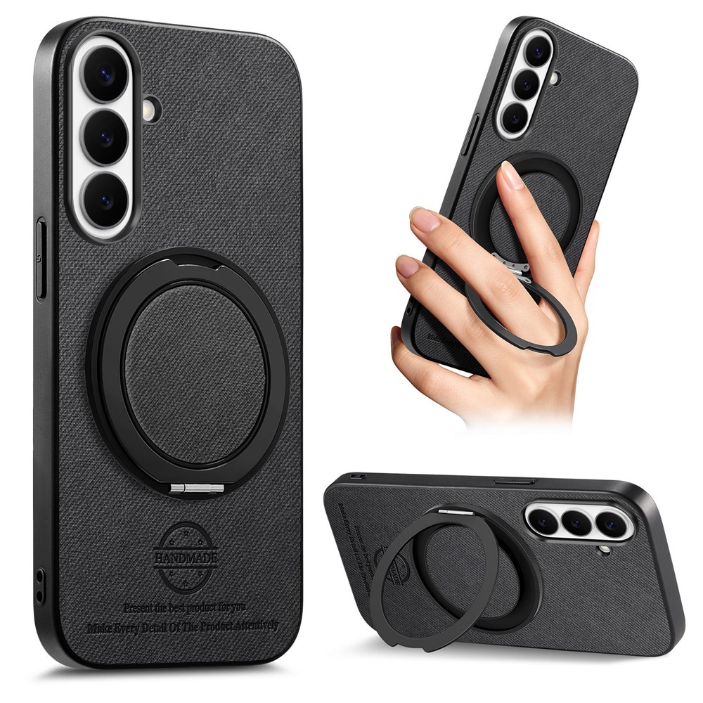 For Samsung Galaxy S24+ Case Rotatable Kickstand Jeans Cloth Texture Leather Anti-Fall Phone Back Cover - Black