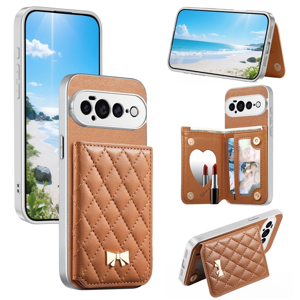 For Google Pixel 11 Case Card Holder Kickstand with Mirror Quilted PU Leather + TPU Anti Drop Phone Cover - Brown