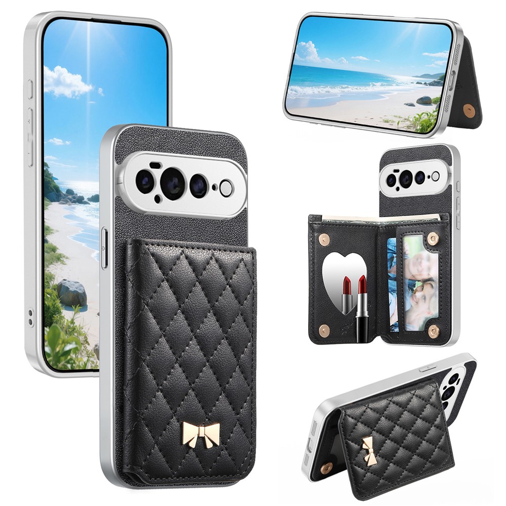 For Google Pixel 11 Case Card Holder Kickstand with Mirror Quilted PU Leather + TPU Anti Drop Phone Cover - Black