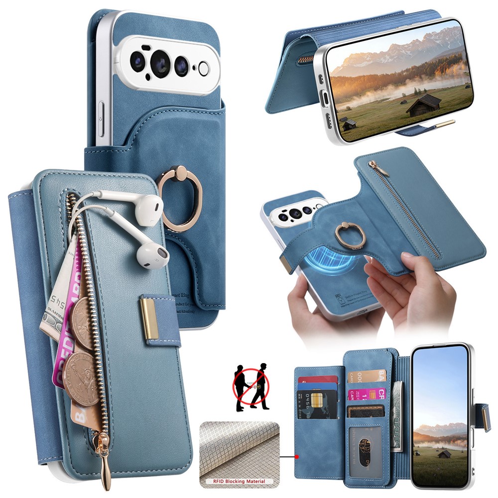 For Google Pixel 11 Case RFID Blocking Detachable Magnetic Leather Phone Cover with Ring Holder - Blue