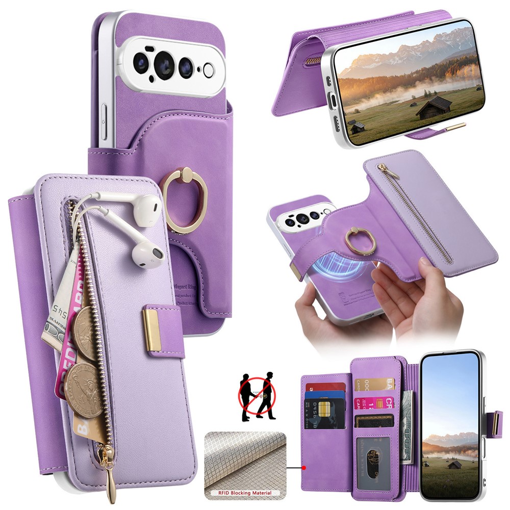 For Google Pixel 11 Case RFID Blocking Detachable Magnetic Leather Phone Cover with Ring Holder - Purple