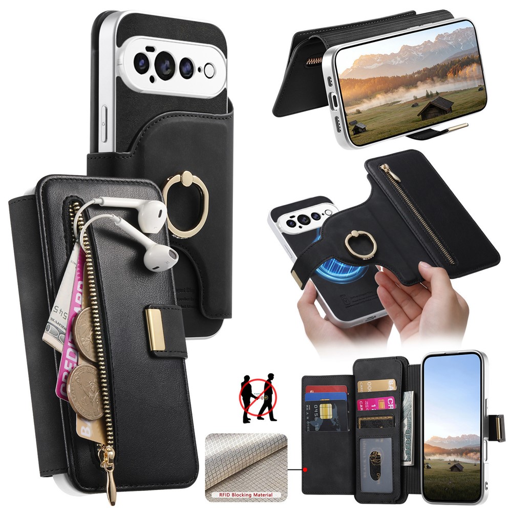 For Google Pixel 11 Case RFID Blocking Detachable Magnetic Leather Phone Cover with Ring Holder - Black