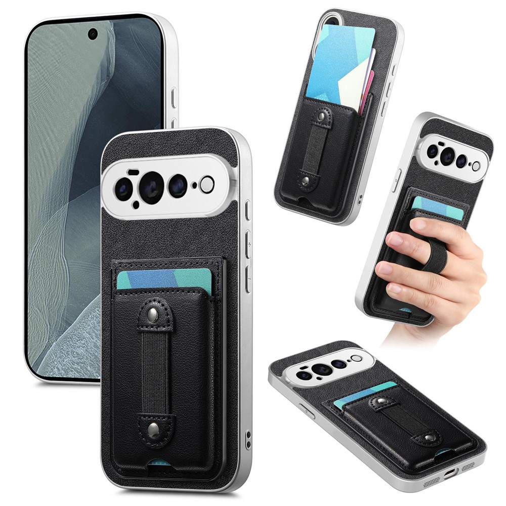 For Google Pixel 11 Pro Case PU Leather PC TPU Shockproof Phone Back Cover with Card Holder Wristband - Black