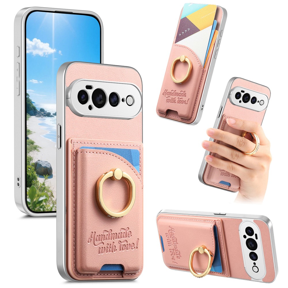 For Google Pixel 11 Pro Case Rhinestone Decor Ring Kickstand Card Holder PU Leather PC TPU Shockproof Phone Back Cover - Pink