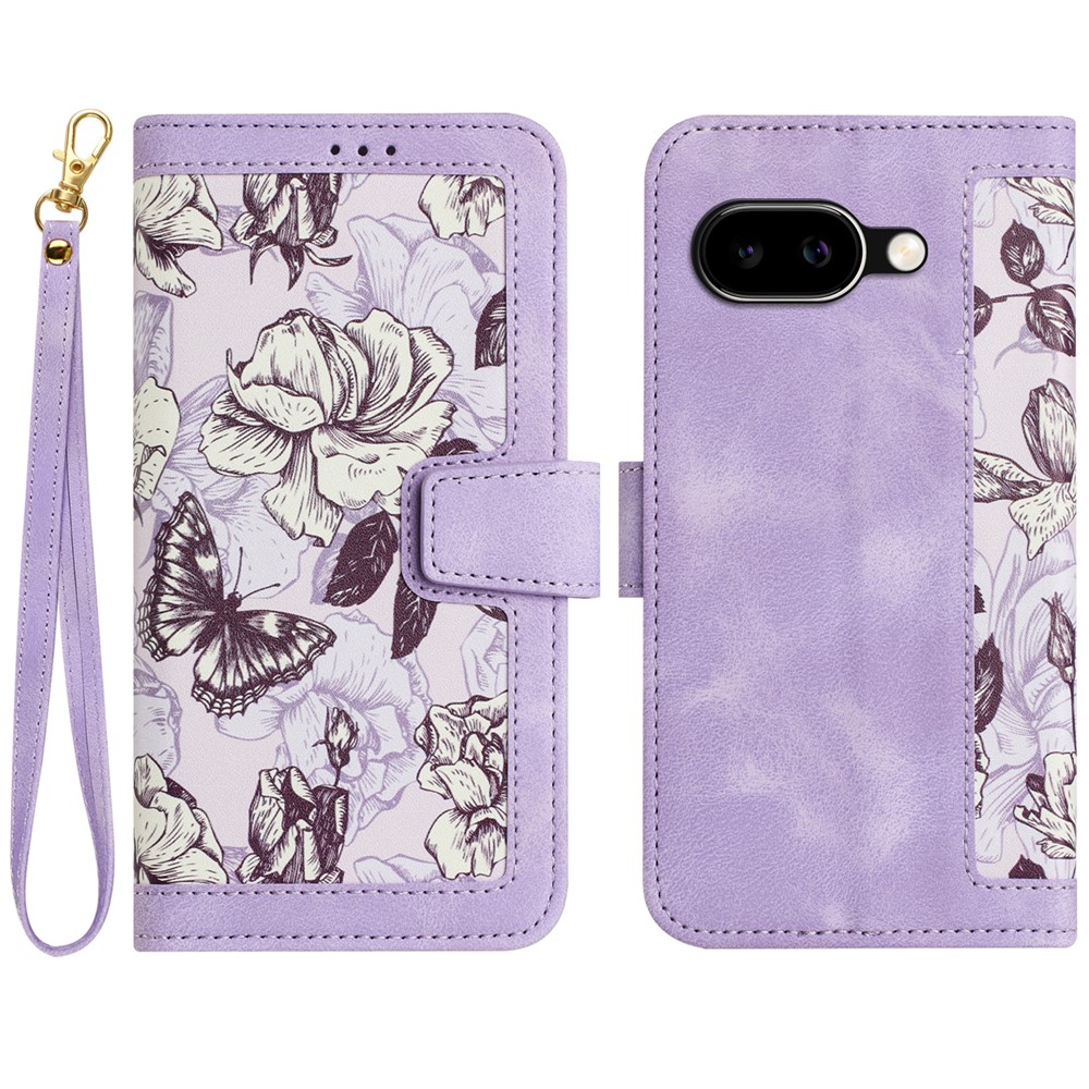 For Google Pixel 11a Case PU Leather Floral Phone Cover with Card Slots and Wrist Strap - Light Purple