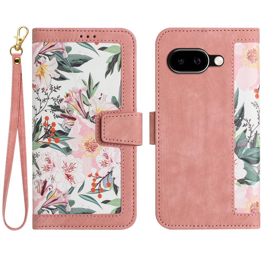 For Google Pixel 11a Case PU Leather Floral Phone Cover with Card Slots and Wrist Strap - Pink