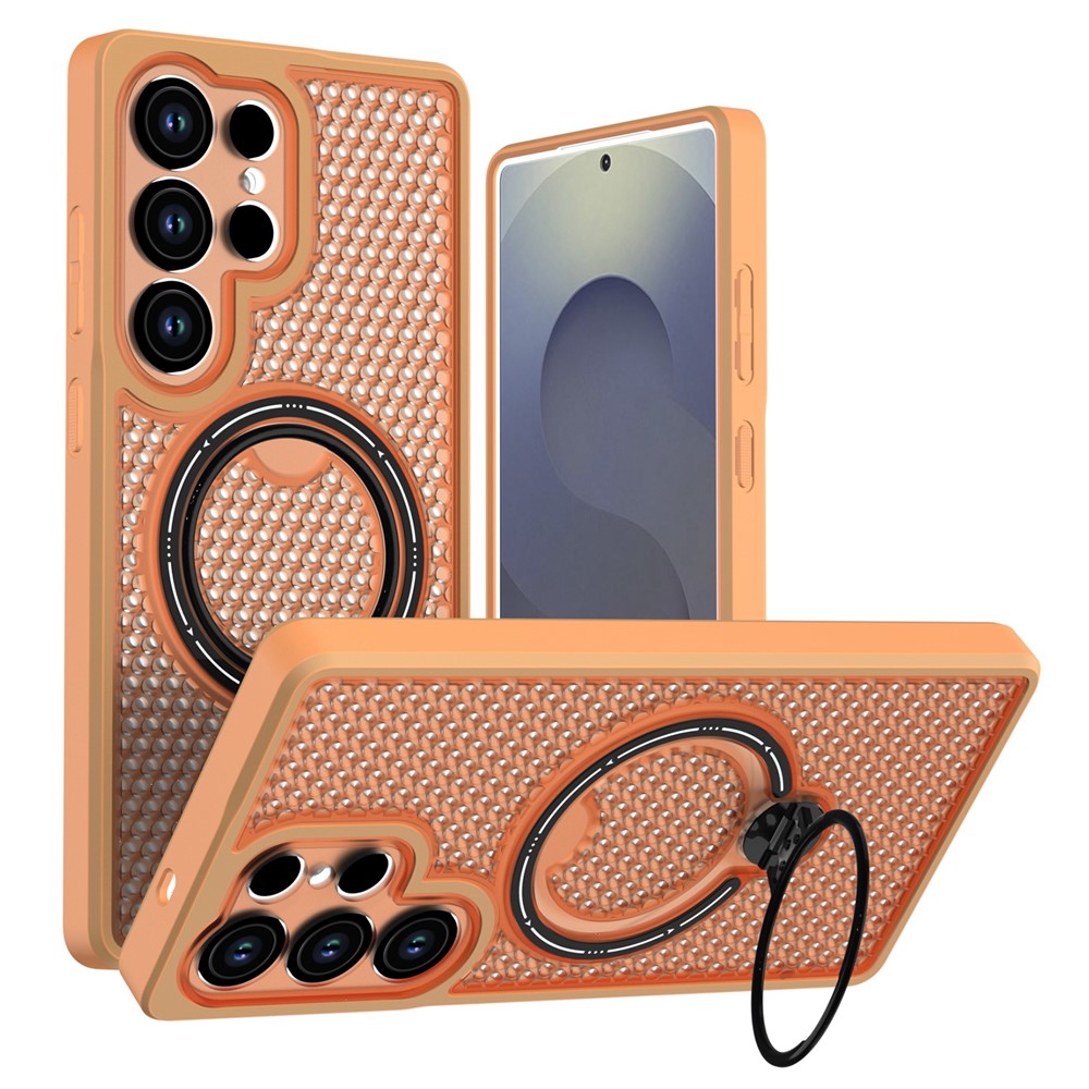 For amsung Galaxy S25 Ultra Case Ring Kickstand Honeycomb Heat Dissipation PC + TPU Phone Cover - Orange