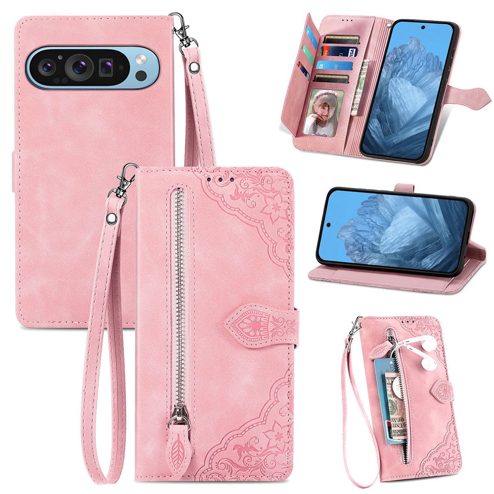 For Google Pixel 11 Pro XL Wallet Case with Strap Flower Imprint PU Leather Phone Cover - Pink