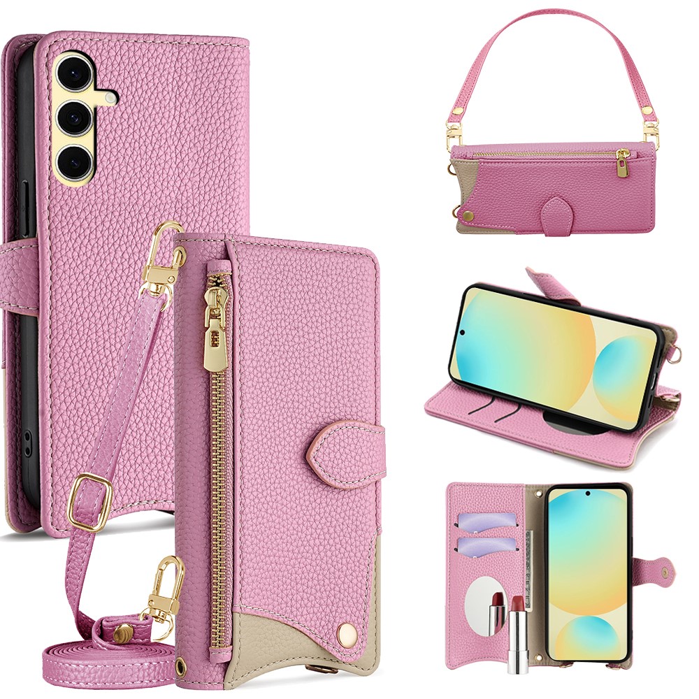 For Samsung Galaxy S24 FE Leather Case Fishtail Design Folding Stand Wallet Phone Cover with Mirror Long Strap Short Strap - Pink