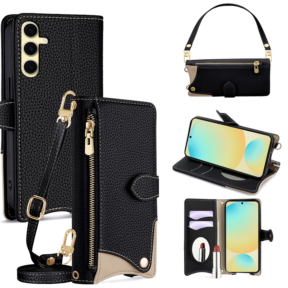 For Samsung Galaxy S24 FE Leather Case Fishtail Design Folding Stand Wallet Phone Cover with Mirror Long Strap Short Strap - Black