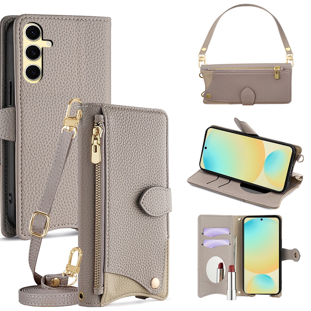 For Samsung Galaxy S24 FE Leather Case Fishtail Design Folding Stand Wallet Phone Cover with Mirror Long Strap Short Strap - Grey