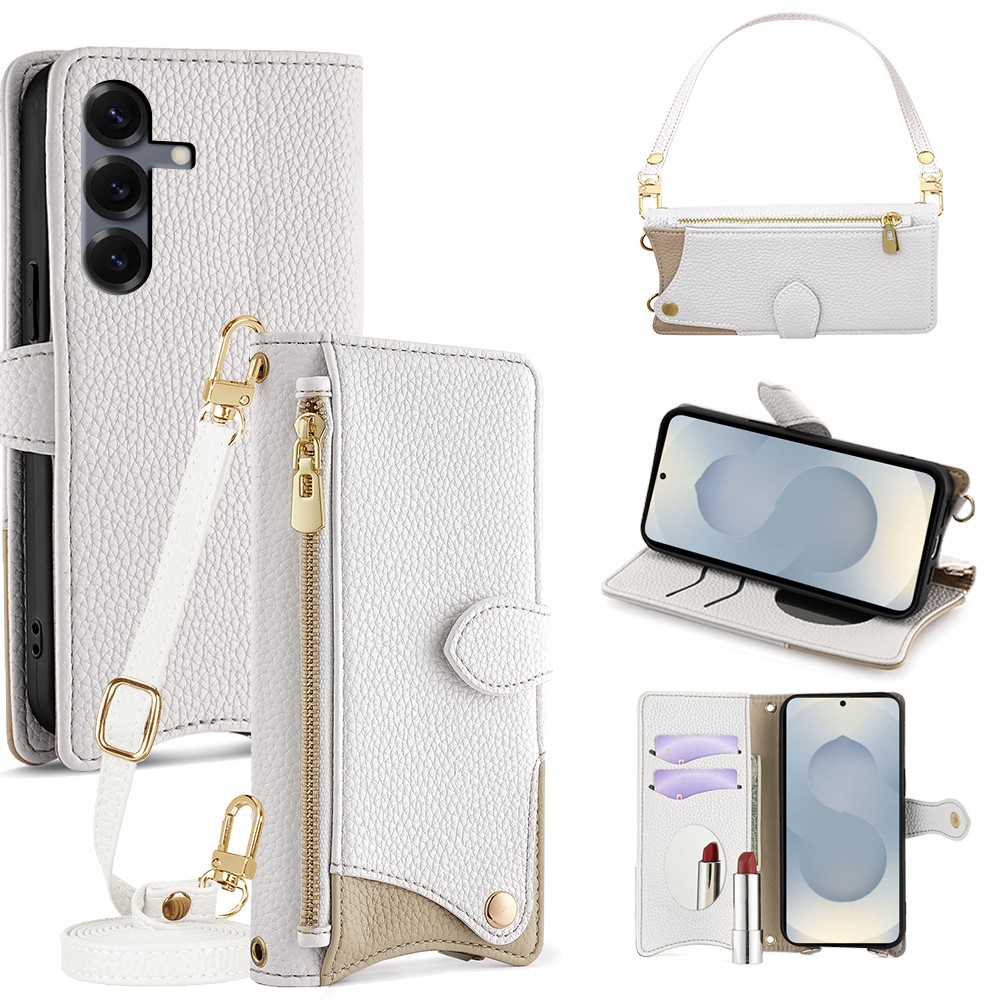 For Samsung Galaxy S25 Leather Case Fishtail Design Folding Stand Wallet Phone Cover with Mirror Long Strap Short Strap - White