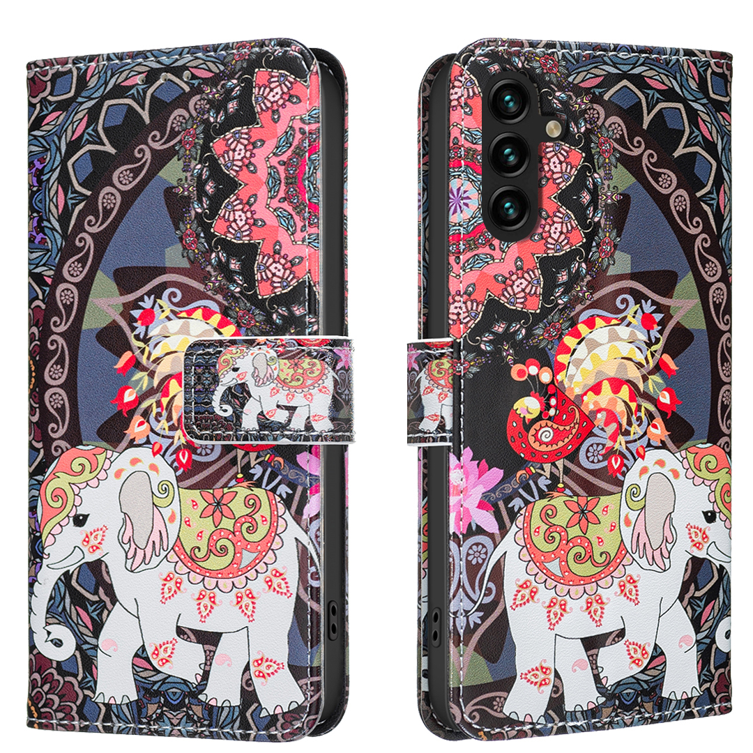 For Samsung Galaxy A34 5G Case Wallet Stand Pattern Printing Phone Leather Cover - Flowers And Elephant
