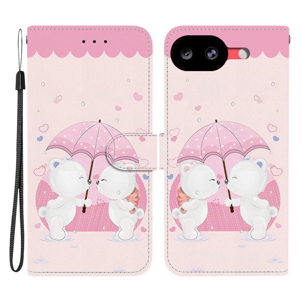 For Google Pixel 11a Case Pattern Printing Leather Flip Wallet Phone Cover with Lanyard - Cartoon Couple Bear